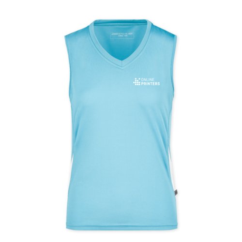 Camiseta de tirantes de polister azul claro para mujer con cuello en V.