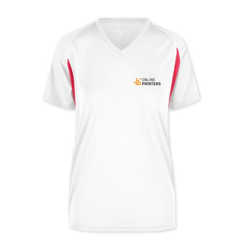 Camiseta funcional de polister blanca y roja para mujer con cuello en V.