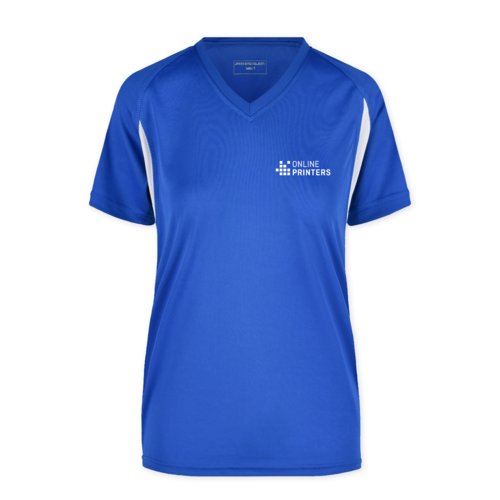 Camiseta funcional azul de polister para mujer con cuello en V.