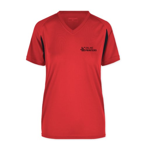 Camiseta funcional roja de polister para mujer con cuello en V y mangas cortas.