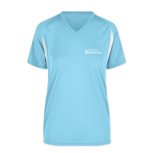 Camiseta funcional de polister azul claro con cuello en V y mangas cortas.