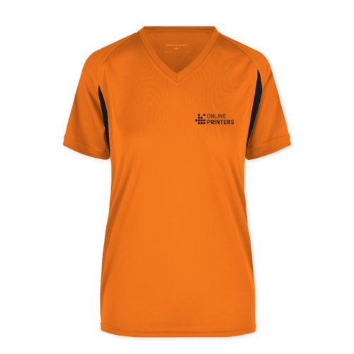 Camiseta funcional naranja de polister para mujer con cuello en V y mangas cortas.