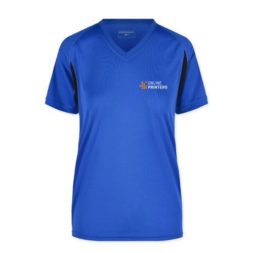 Camiseta funcional de polister azul real para mujer con cuello en V.