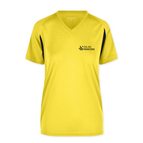 Camiseta funcional amarilla de polister con cuello en V y mangas cortas.