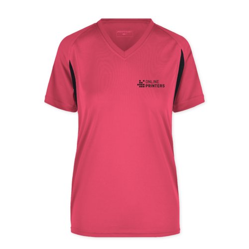 Camiseta funcional rosa de polister con cuello en V para mujer.