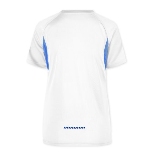 Camiseta funcional de polister blanca/azul para mujer, manga corta.