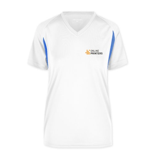 Camiseta funcional de polister blanca y azul para mujer con cuello en V.
