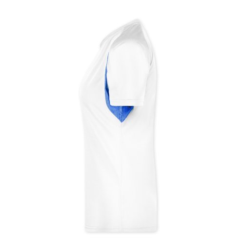 Camiseta funcional blanca/azul de polister para mujer.