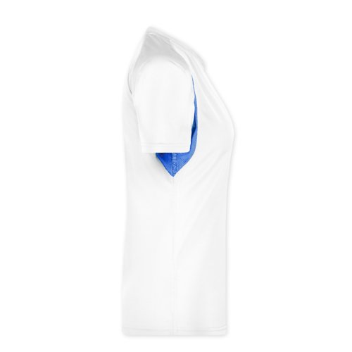 Camiseta funcional de polister blanca/azul de manga corta para mujer.