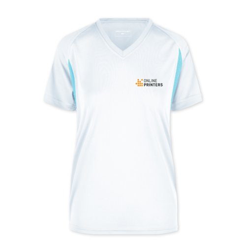 Camiseta funcional de polister blanca y azul claro con cuello en V para mujer.