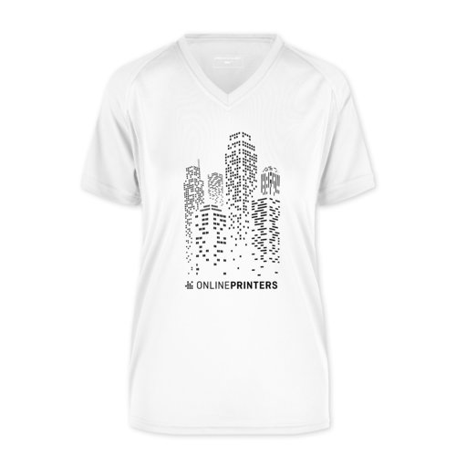 Camiseta funcional blanca de polister para mujer con cuello en V.