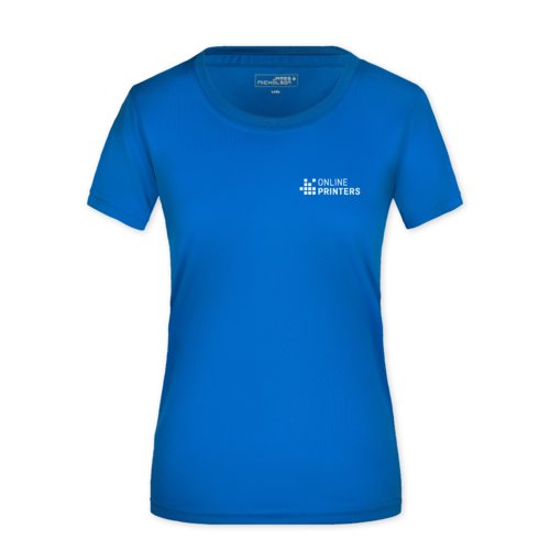 Camiseta deportiva de polister azul real de mujer con mangas cortas.