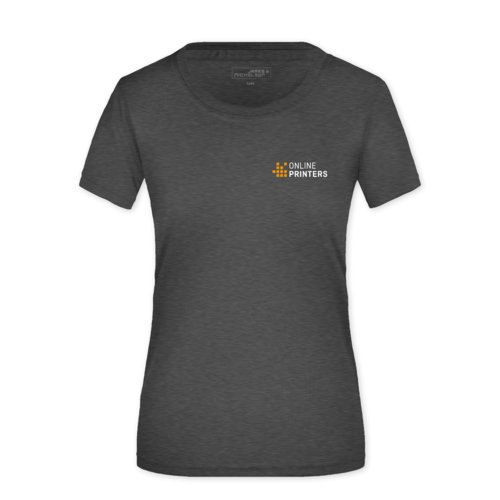 Camiseta de polister jaspeado gris oscuro para mujer con mangas cortas.