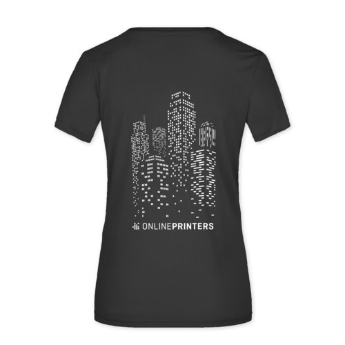Camiseta negra de polister para mujer con mangas cortas.