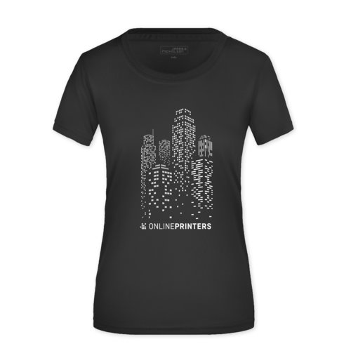 Camiseta negra de polister para mujer con mangas cortas.