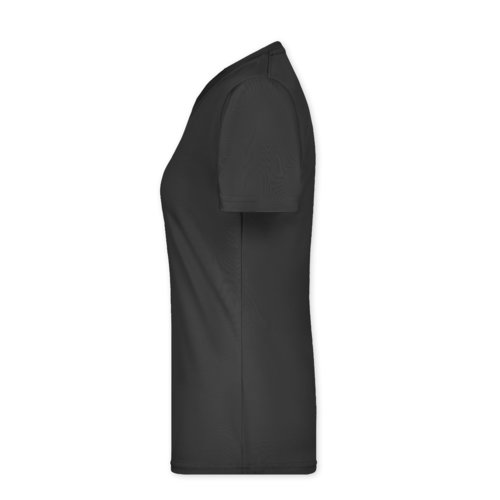 Camiseta negra de polister para mujer con mangas cortas.