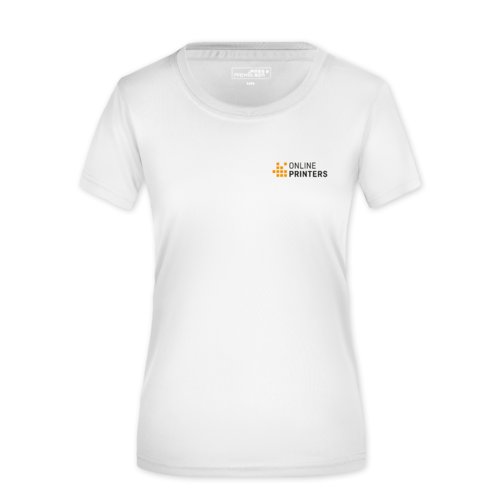 Camiseta blanca de polister para mujer con mangas cortas.