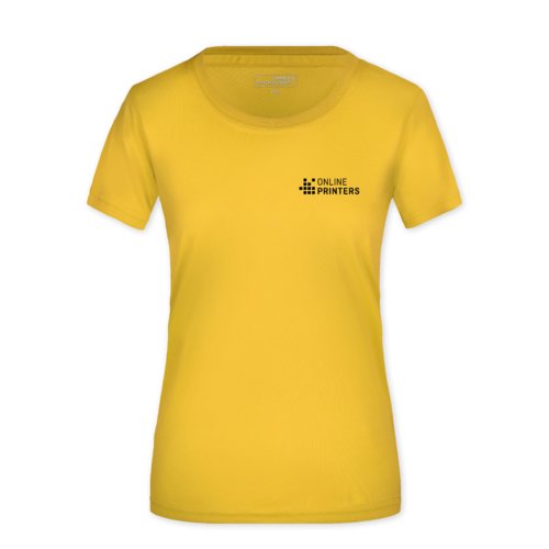 Camiseta de polister amarilla para mujer con mangas cortas.