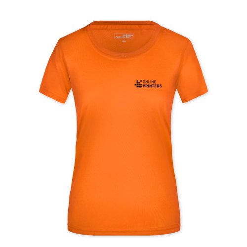 Camiseta naranja de polister para mujer con mangas cortas.