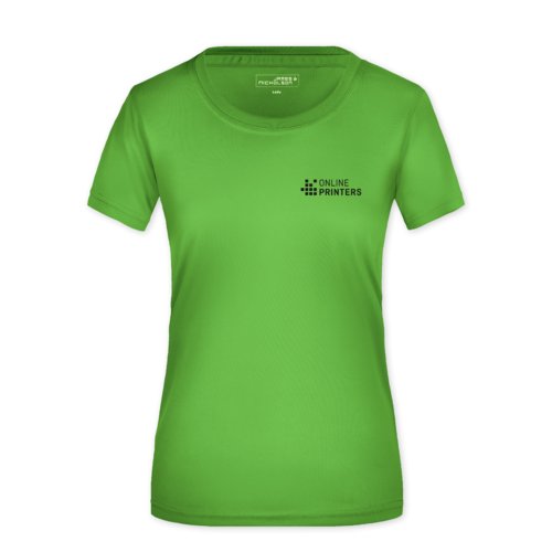 Camiseta de polister verde manzana para mujer con mangas cortas.