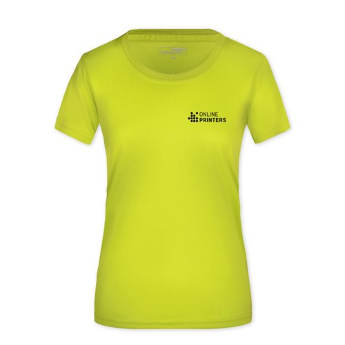 Camiseta de polister amarillo nen para mujer con mangas cortas.
