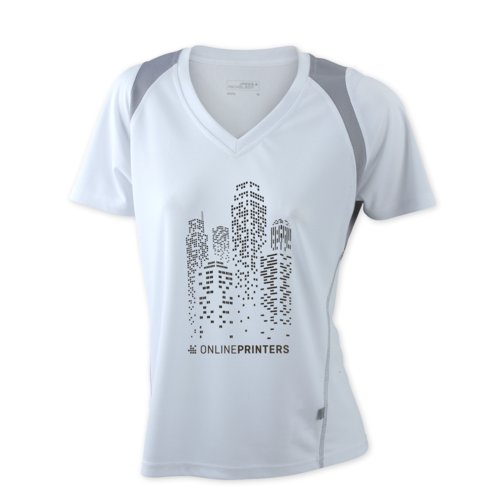 Camiseta de running blanca de polister para mujer con cuello en V y mangas cortas.