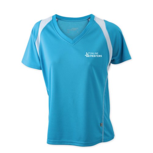 Camiseta deportiva de polister azul claro para mujer con cuello en V.