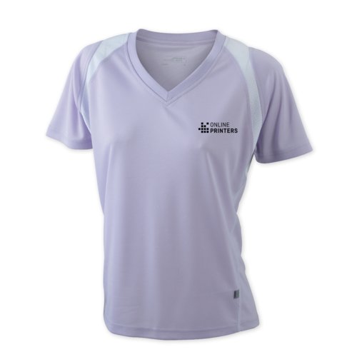 Camiseta de running de polister morada para mujer con cuello en V y manga corta.