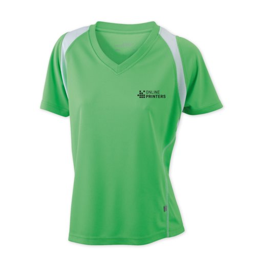 Camiseta deportiva de running para mujer con cuello en V y mangas cortas.