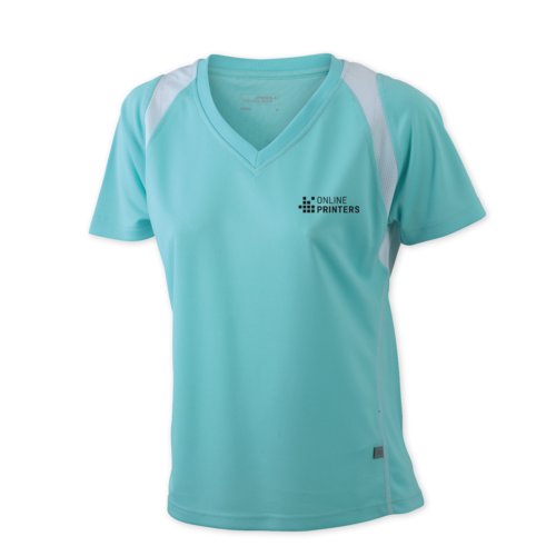 Camiseta de running de polister verde menta para mujer con cuello en V.