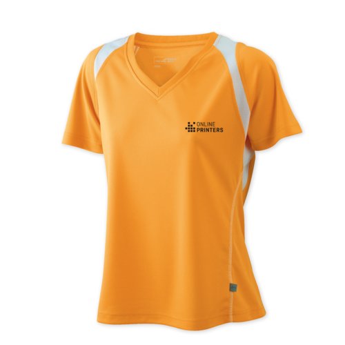 Camiseta de running naranja de polister para mujer con cuello en V.