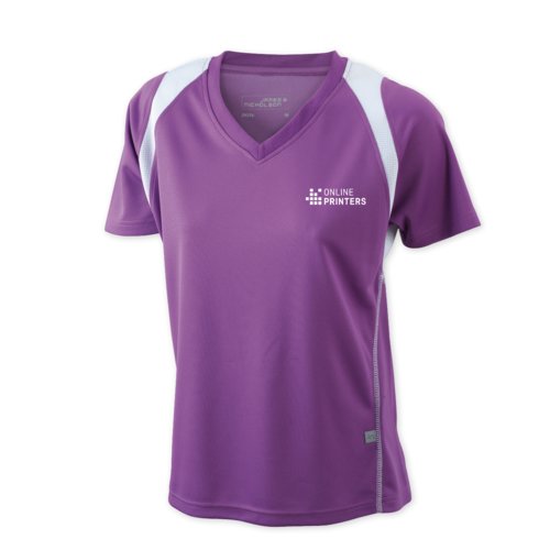 Camiseta de running violeta de polister para mujer con mangas cortas.