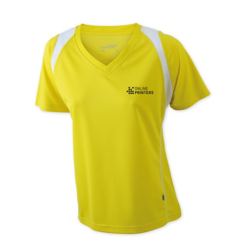 Camiseta de running amarilla de polister para mujer con cuello en V y mangas cortas.