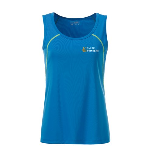 Camiseta de tirantes deportiva de polister azul y amarillo nen para mujer.