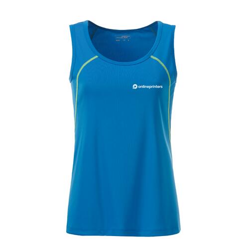 Camiseta de tirantes deportiva de poli�ster azul y amarillo ne�n para mujer.