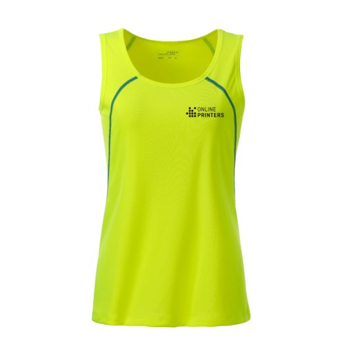 Camiseta de tirantes de polister amarillo nen/azul para mujer.
