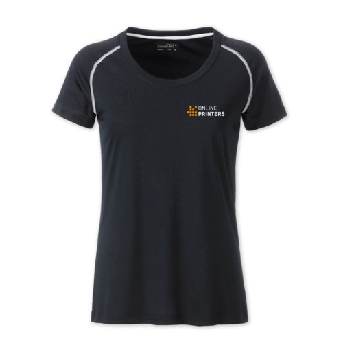 Camiseta deportiva oscura de tela para mujer con mangas cortas.