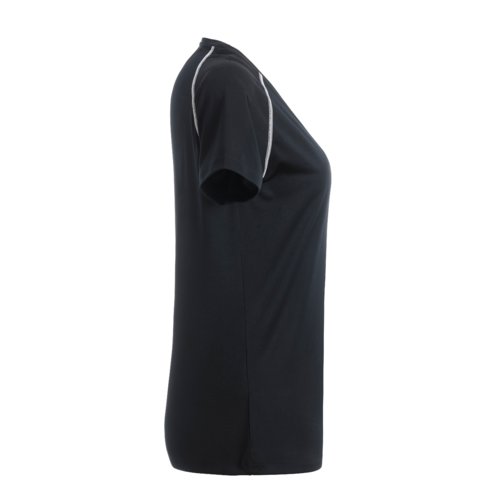 Camiseta de polister negra y blanca para mujer con mangas cortas.