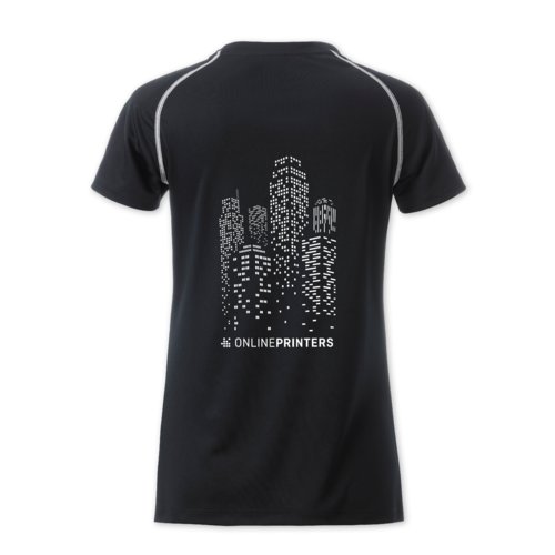 Camiseta deportiva de polister en blanco y negro para mujer.