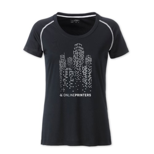 Camiseta deportiva de polister negra y blanca para mujer, transpirable.