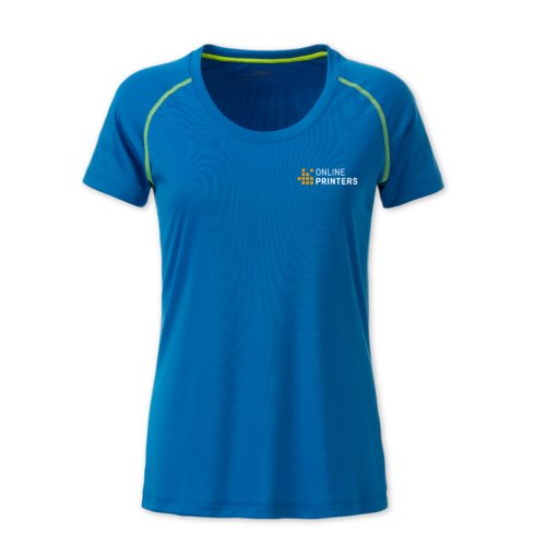 Camiseta azul de polister para mujer con mangas cortas.