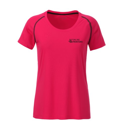 Camiseta deportiva de polister rosa nen/gris para mujer con mangas cortas.