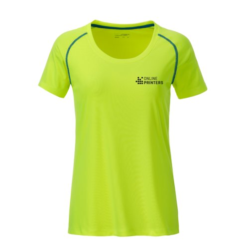 Camiseta deportiva de polister amarillo nen/azul para mujer con mangas cortas.