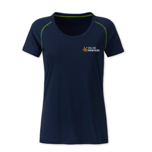 Camiseta de polister azul marino/amarillo nen para mujer.