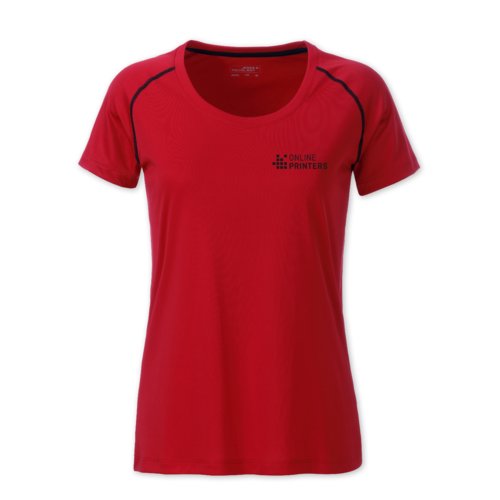 Camiseta roja de polister para mujer con mangas cortas.