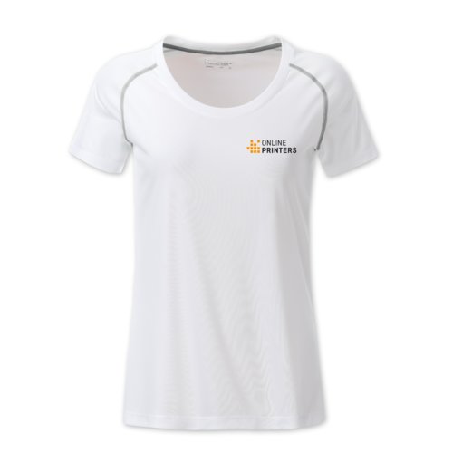 Camiseta blanca de polister para mujer con mangas cortas.