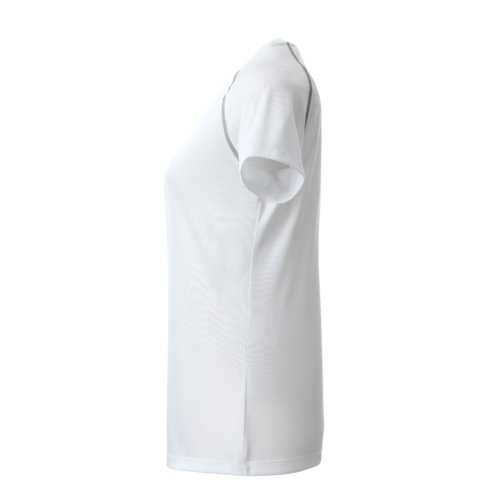Camiseta blanca de polister para mujer con mangas cortas.