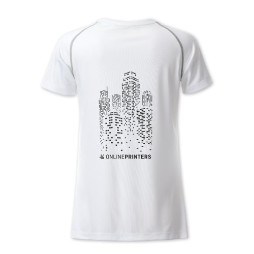 Camiseta blanca de polister para mujer con mangas cortas.
