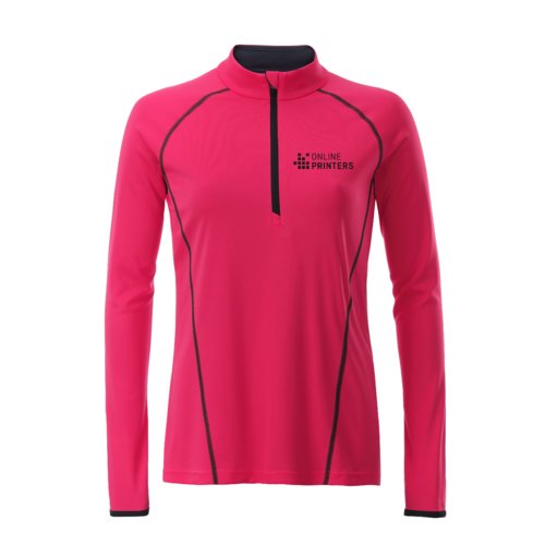 Camiseta rosa de polister de manga larga con cremallera para mujer.