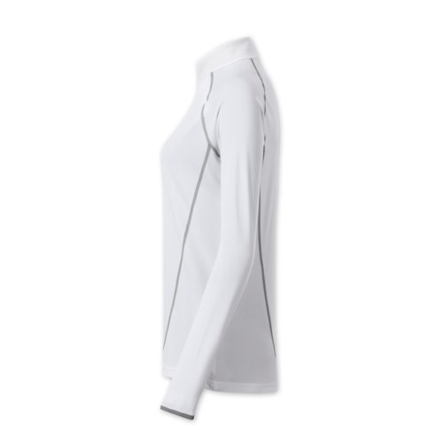 Camiseta blanca de polister de manga larga con cuello alto.